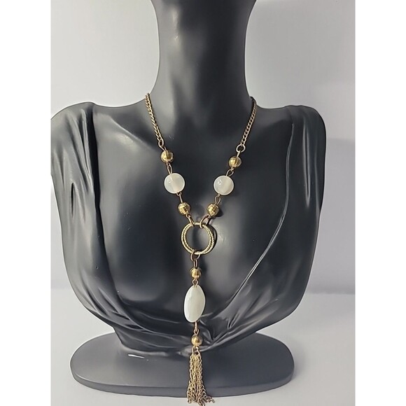 Jewelry - Vintage Gold Tone Tassel Necklace White Bead Boho Statement Pendant Jewelry
